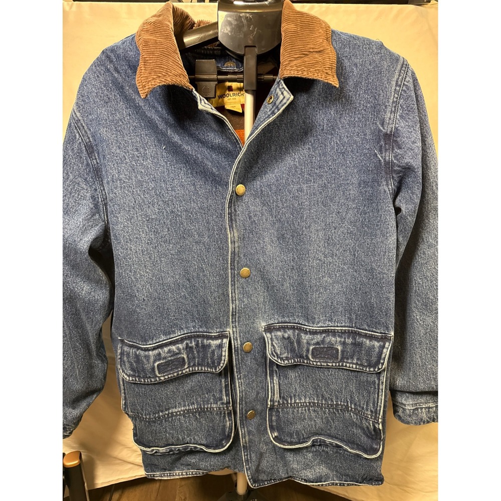Woolrich Mens Denim Barn Jacket Blue Wool Blanket Lined Chore Coat 16308 Medium